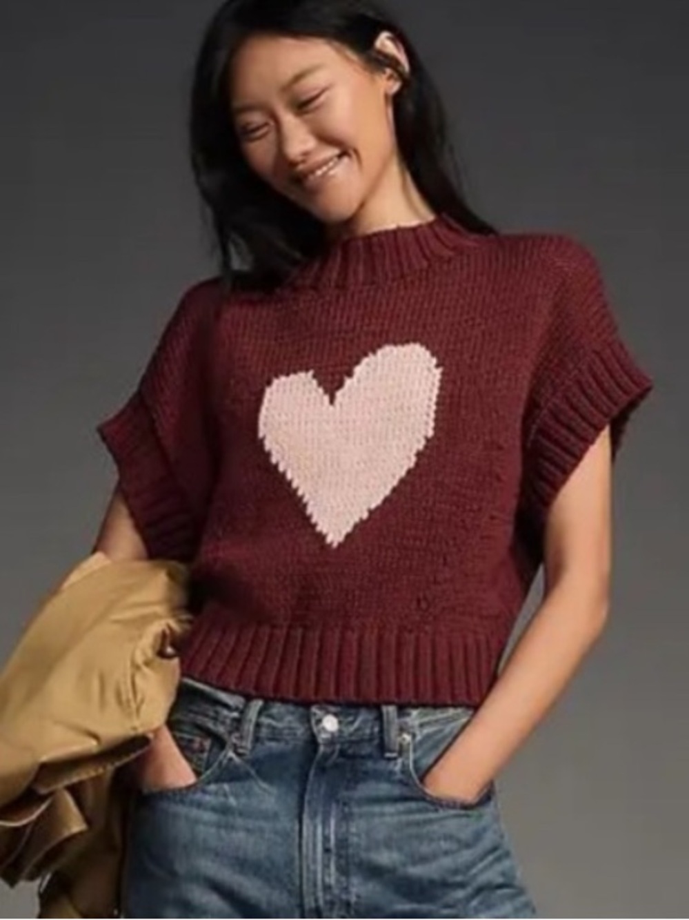 Anthropologie Maeve Pippa Mock Neck Sweater Red Pink Heart Extended Shoulder NEW
